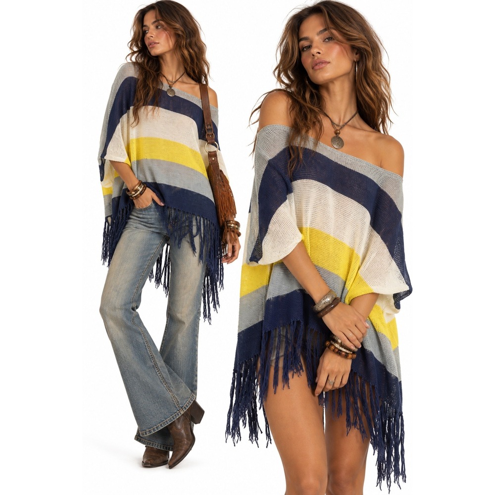 C.Z. Falconer Mohair Merino Wool Striped Fringe Poncho Sweater Boho Luxe Soft